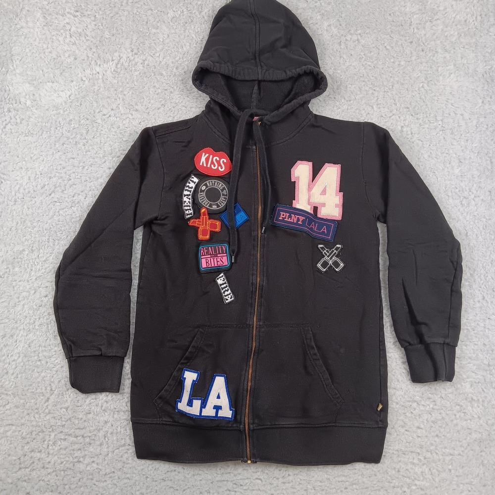 PLNY LALA Zip Up Hoodie Womens XS Black Patch Graphic Streetwear Sweatshirt
